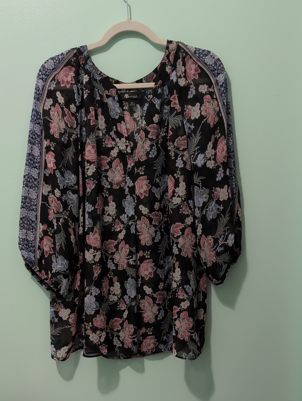 AB Studio Black Sheer Floral Blouse with Pink & Light Blue Accents